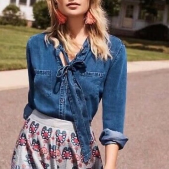 RAILS Rosalee Dark Vintage Wash Tie Neck Chambray Denim Button Shirt NWT - Picture 2 of 12